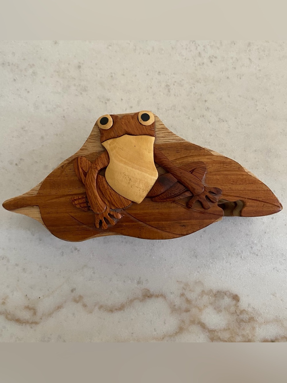 Vintage Hand Carved Wooden Frog Puzzle Hidden Trinket Box